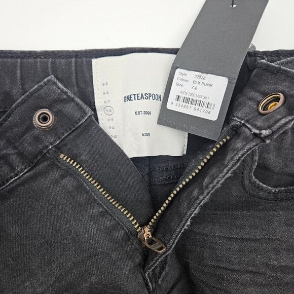 New One Teaspoon Denim Mini Skirt Girls 7-8 Black Punk 2020 Stretch HW - Picture 5 of 5